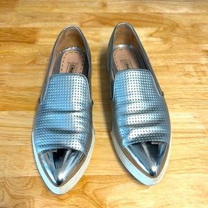 MIU MIU pointed metal silver slip on flats.